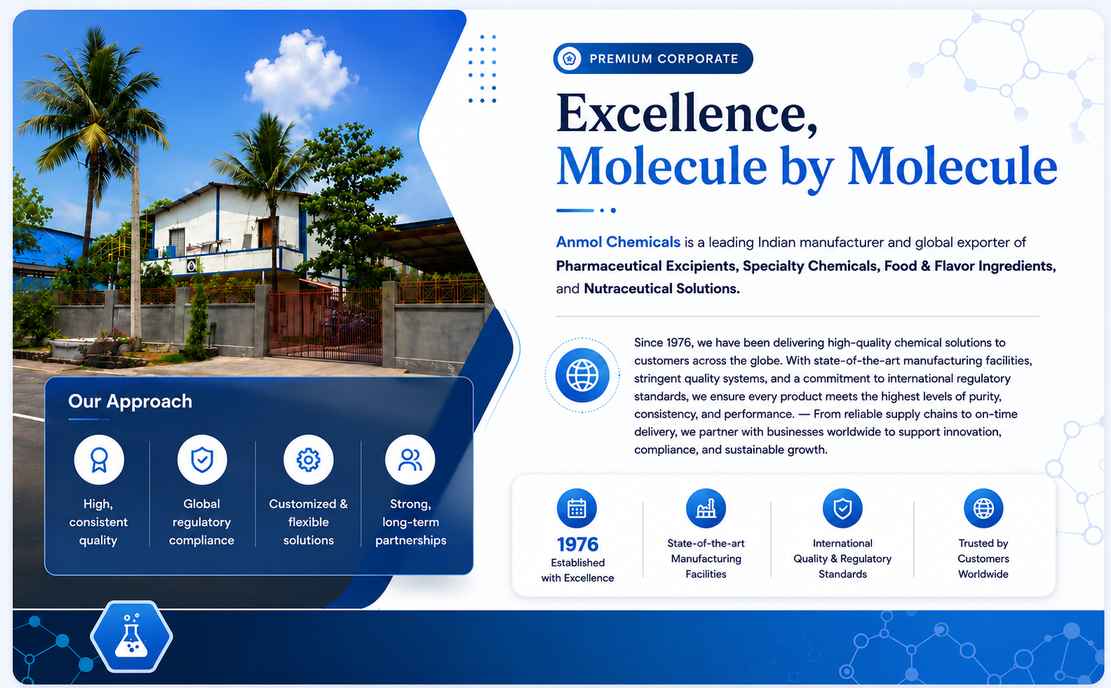 Anmol Chemicals - Excellence, Molecule by Molecule. Established 1976, 50+ years experience, 60+ countries served, ISO certified.